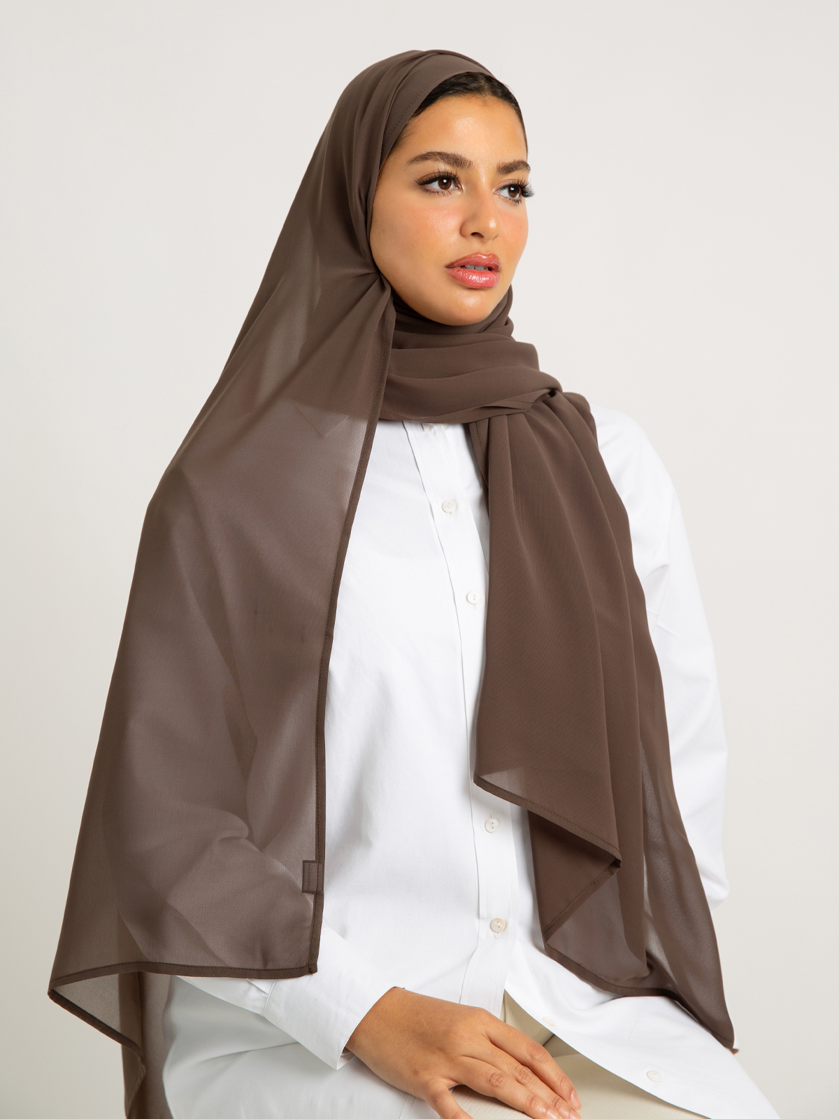 Pale brown soft and breathable chiffon laser hijab tarha by kaafmeem for daily wear