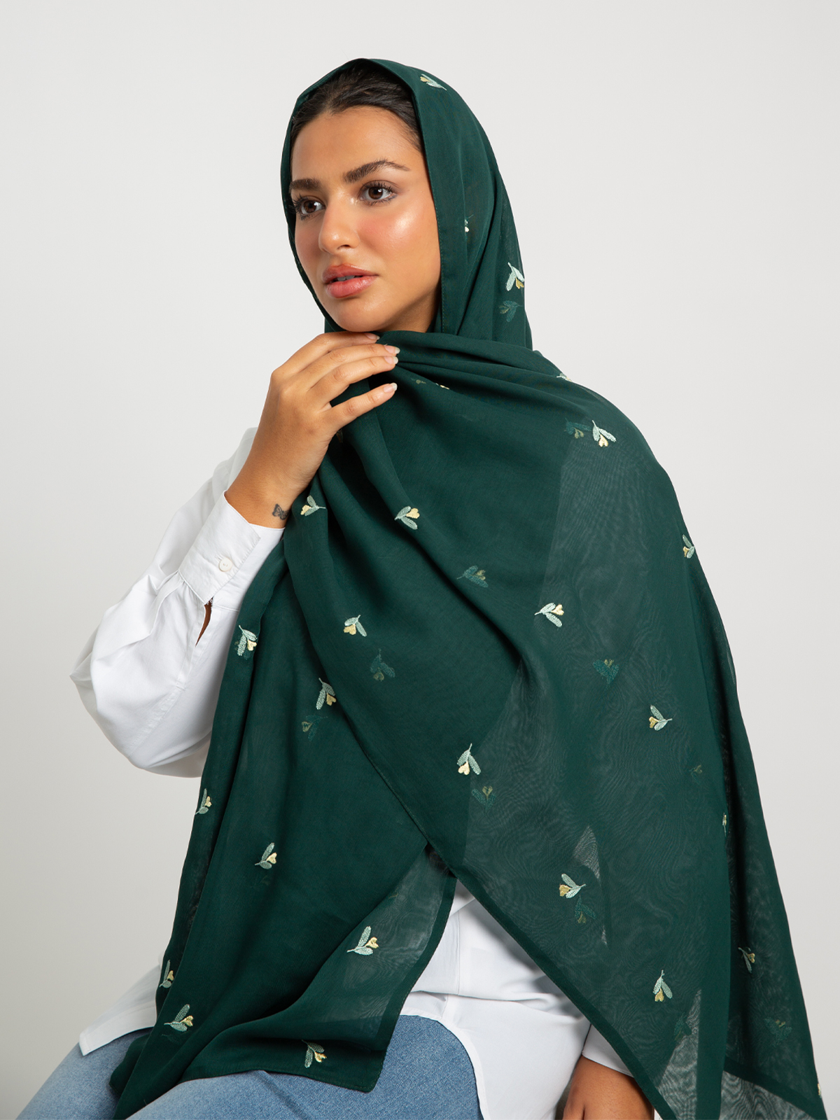 Dark green flowers embroidery Japanese voile hijab tarha by kaafmeem for daily wear