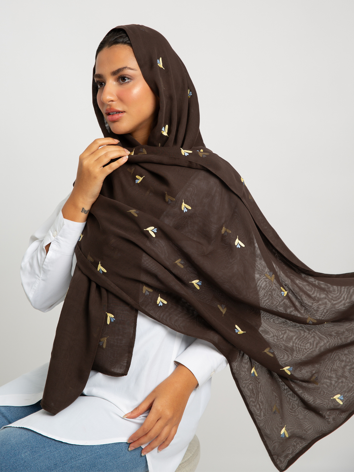 Dark Brown Heart Flower Double Voile Tarha