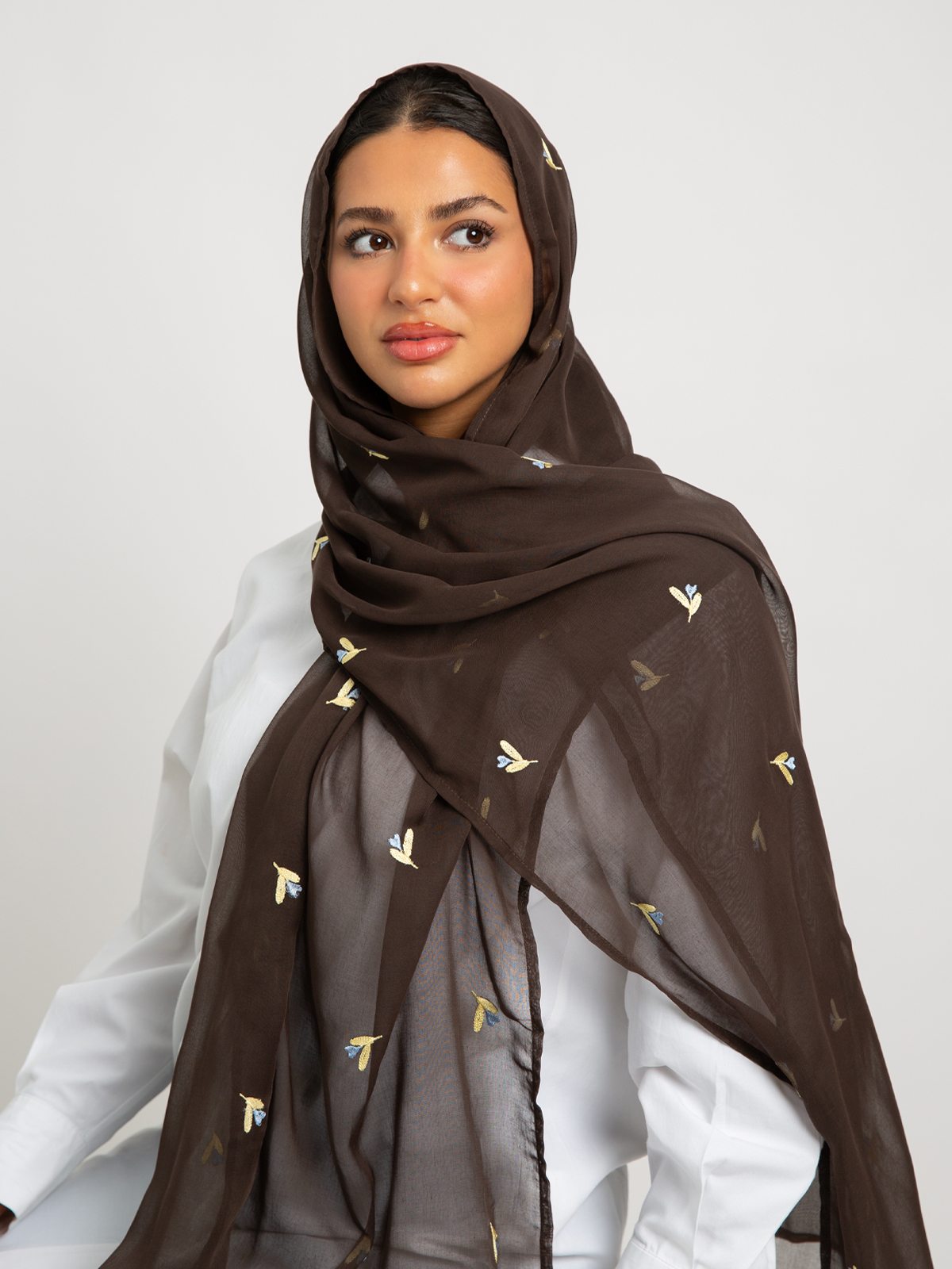 Dark brown flowers embroidery Japanese voile summer hijab tarha by kaafmeem for daily wear