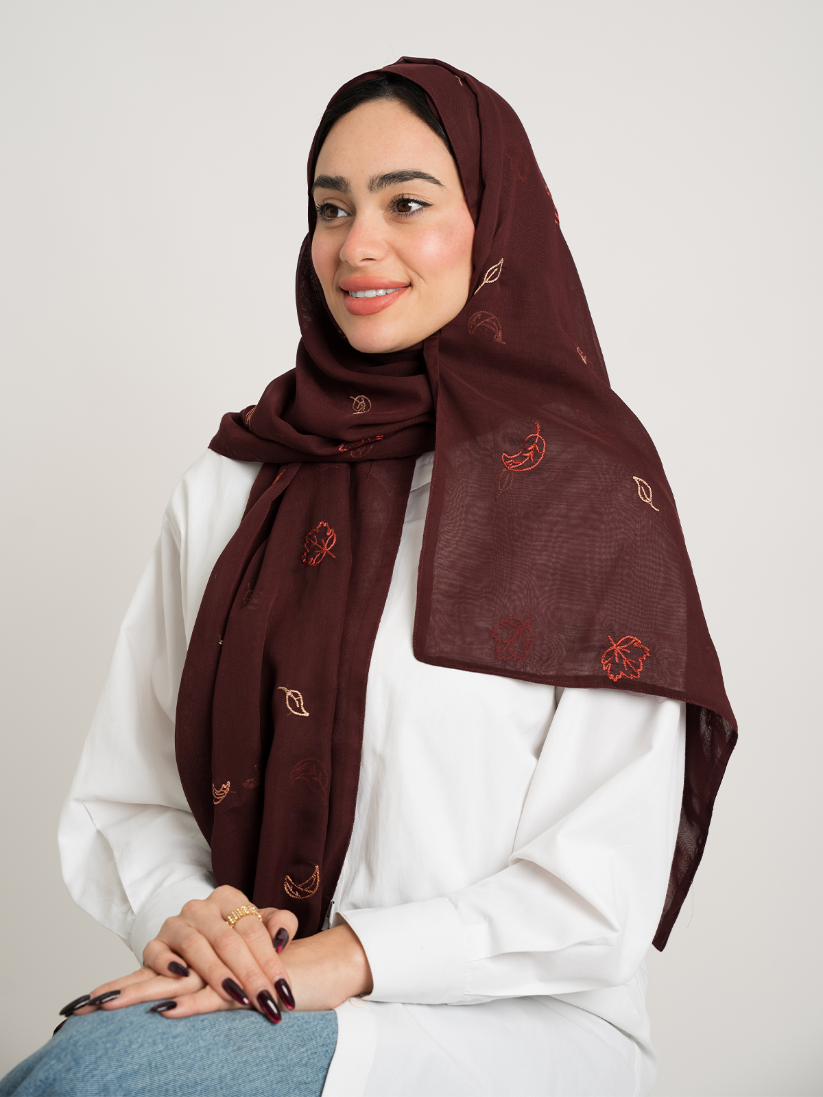 Maroon Falling Leaves Double Voile Tarha
