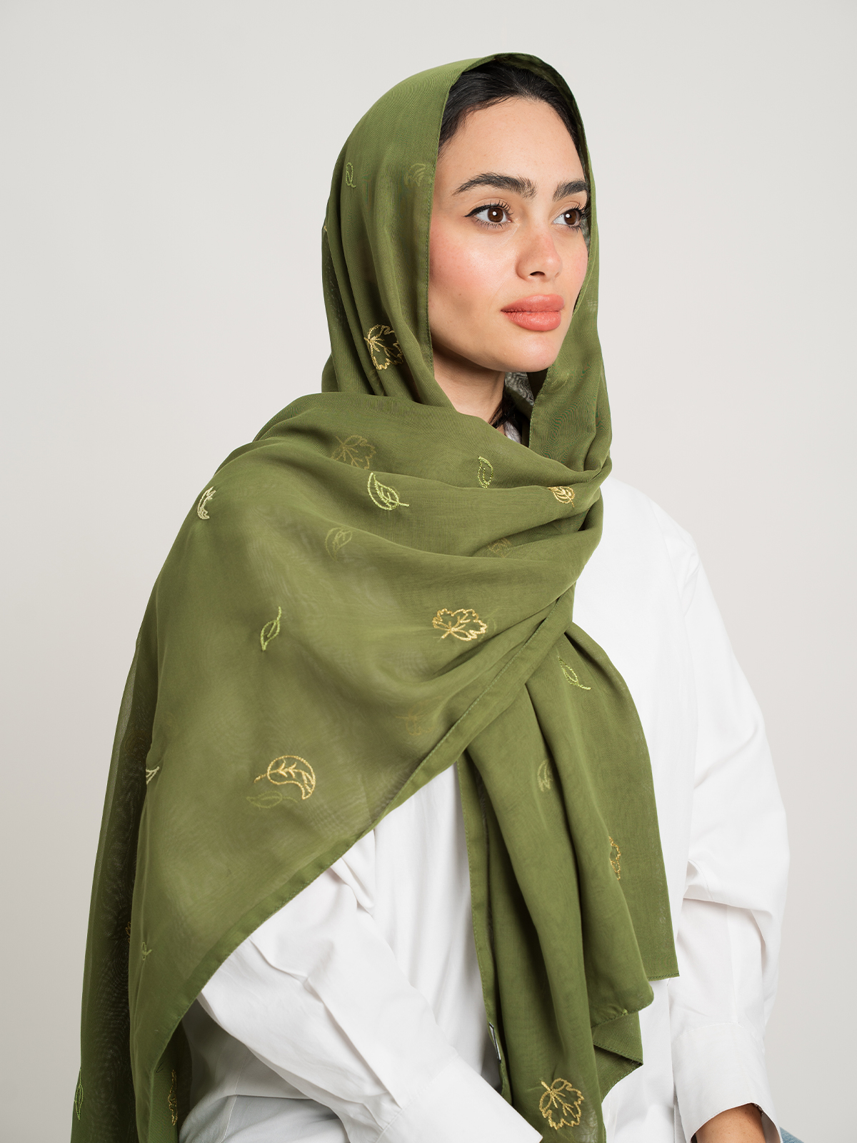 Olive Falling Leaves Double Voile Tarha