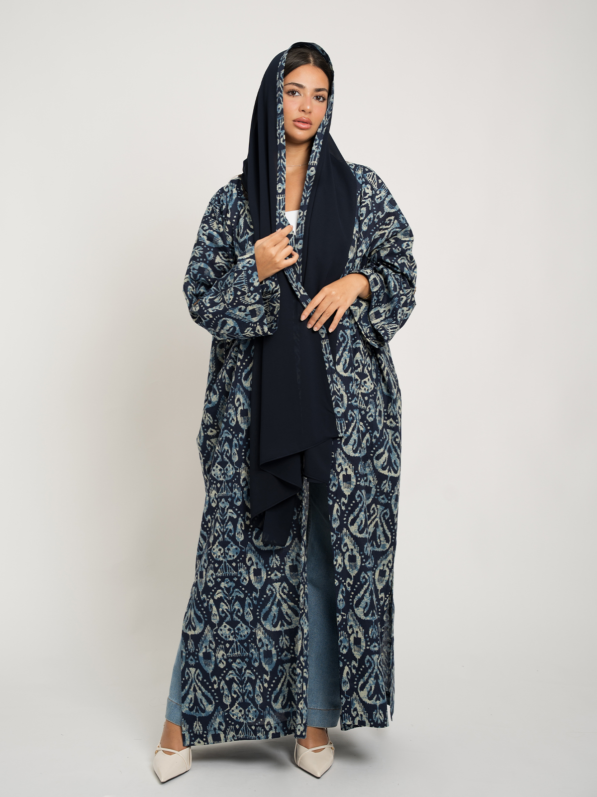 Navy printed bohemian open abaya in high quality 100% natural cotton fabric by kaafmeem 