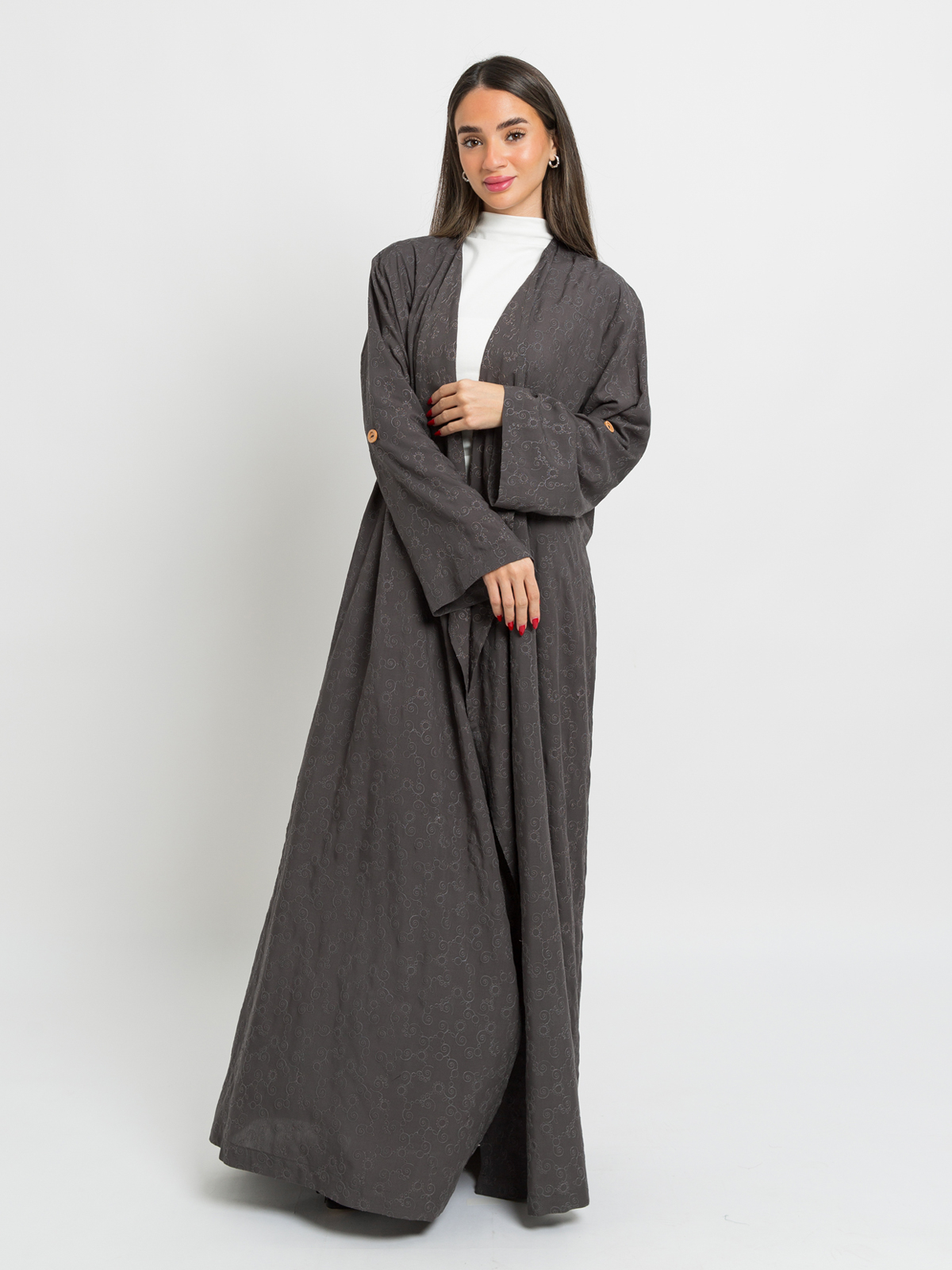 gray open long embroidered comfy abaya in rayon fabric by kaafmeem ksa offers and sale