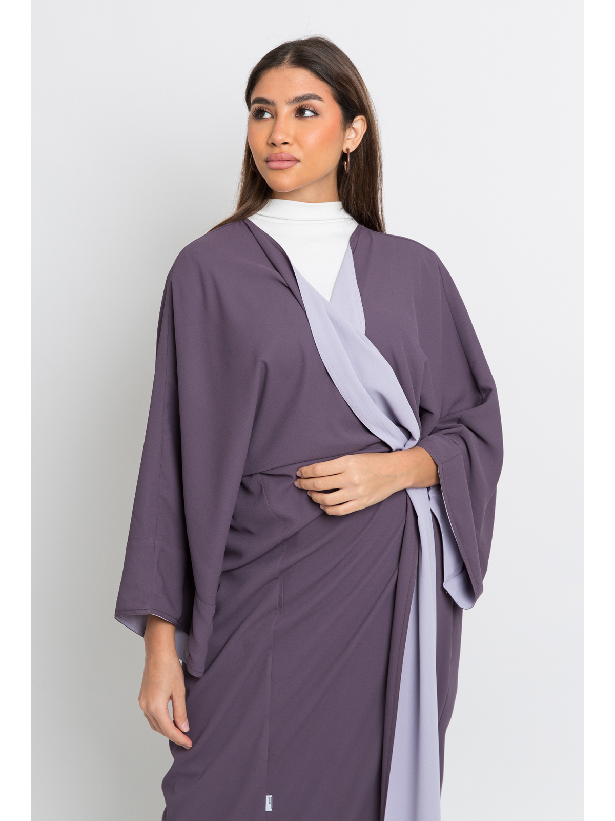lavender with purple open long flowstyle double face abaya in high quality fabric by kaafmeem black friday and sale