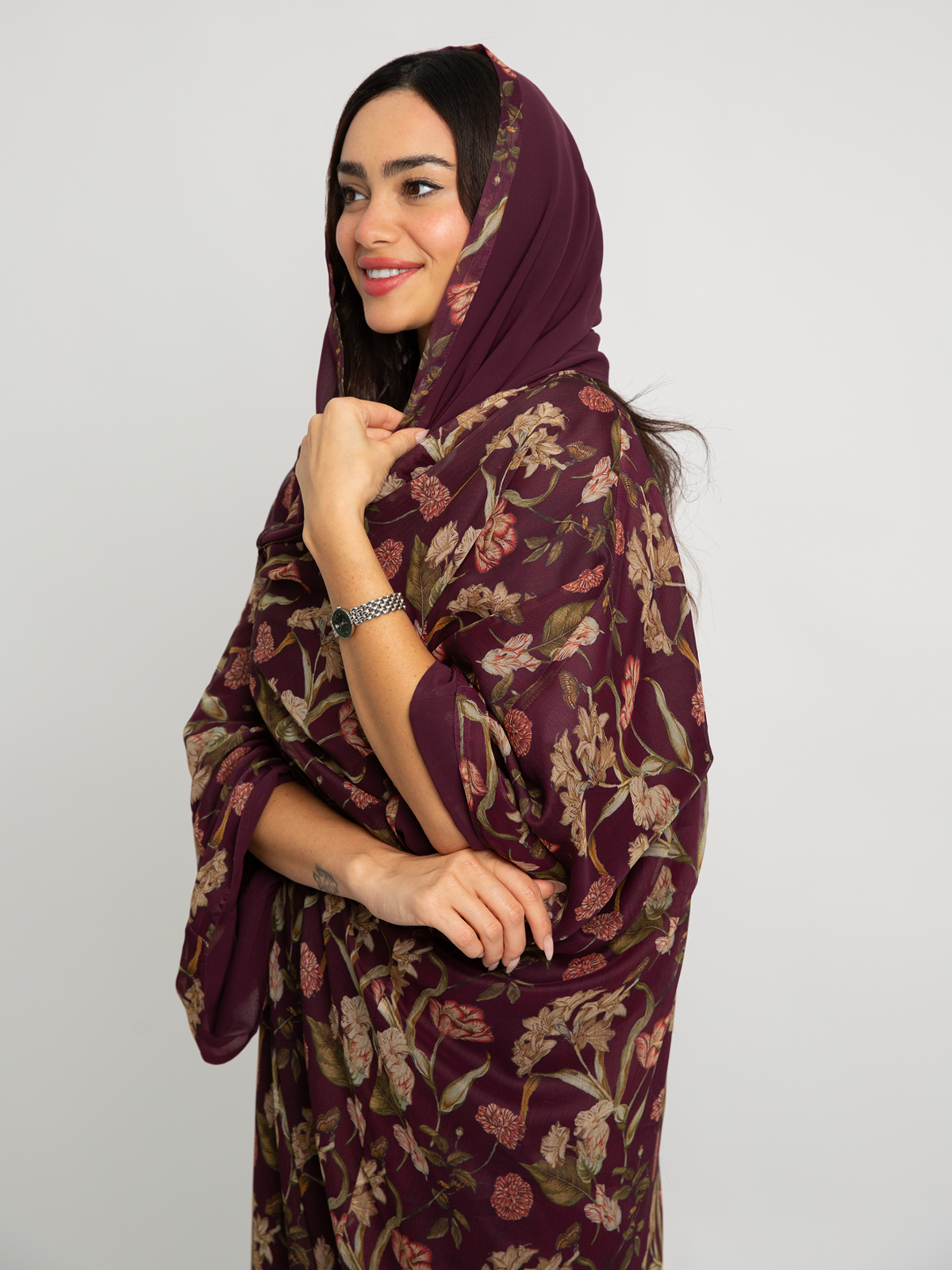 Maroon double face printed wide open abaya in high quality chiffon fabric by kaafmeem for summer