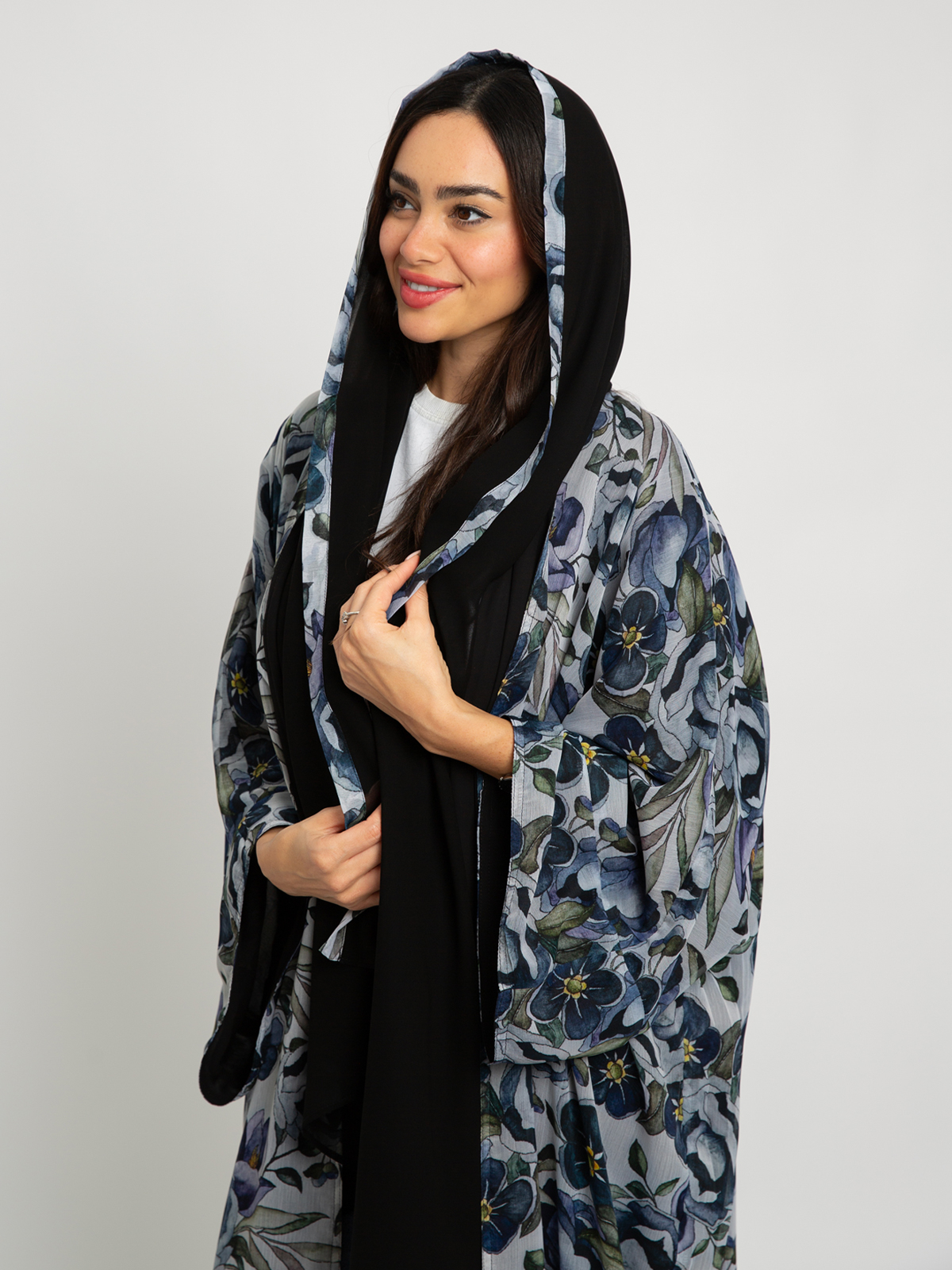 Black printed wide open abaya in high quality chiffon fabric by kaafmeem for summer