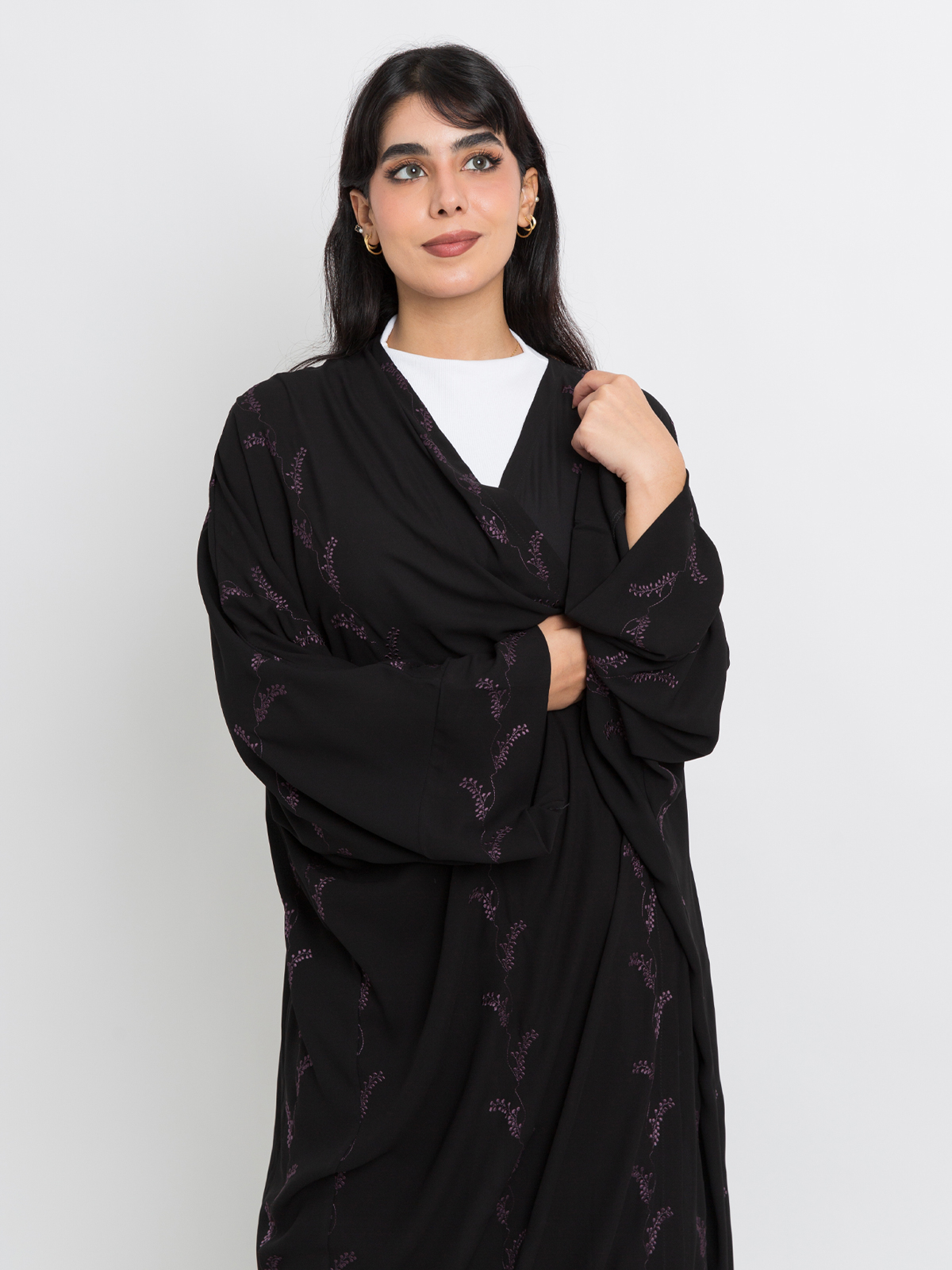 black open long fancy crepe abaya with floral embroidery in high quality fabric by kaafmeem offers