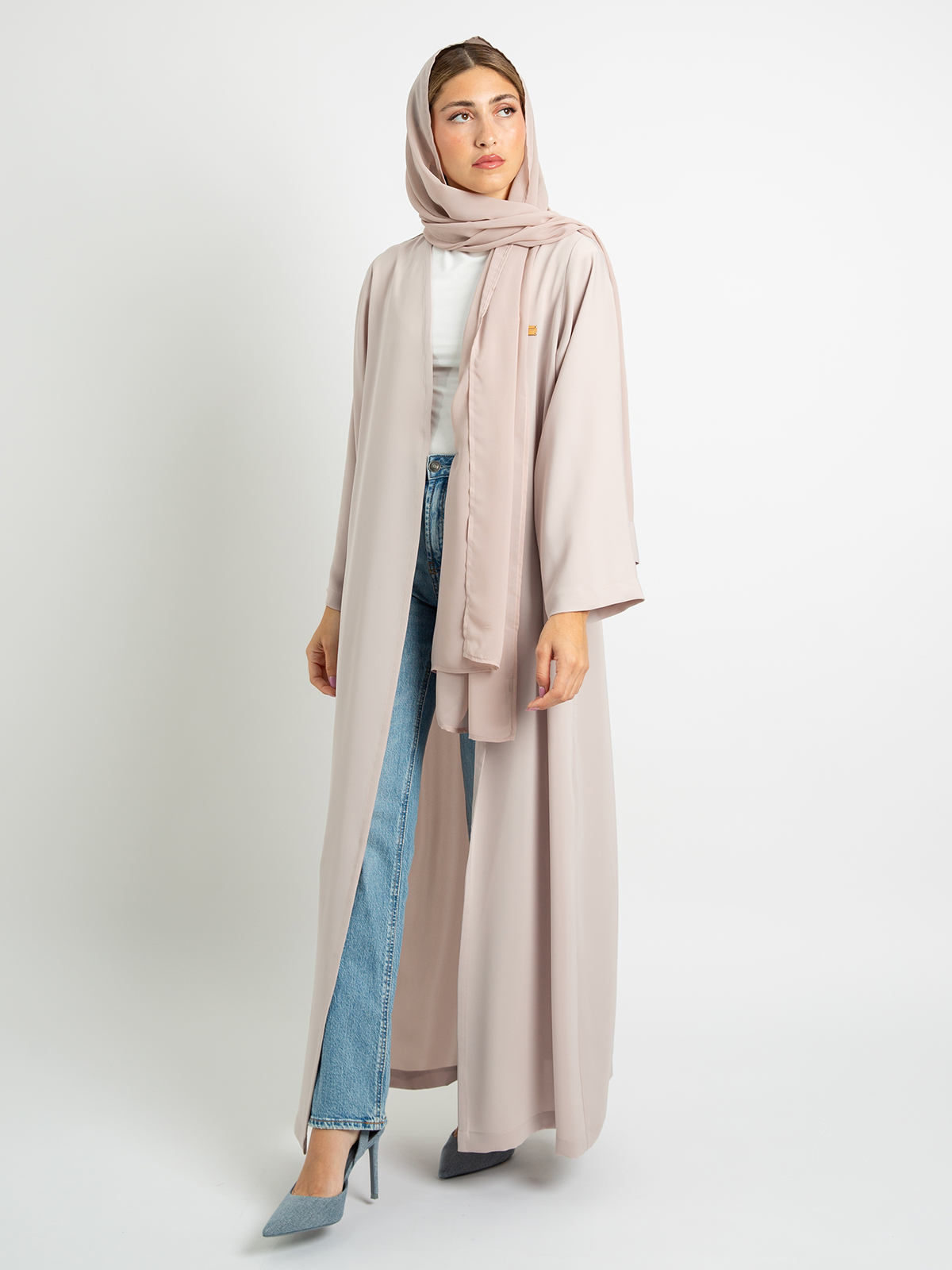 Beige long regular fit abaya in high quality light fabric by kaafmeem for work and everyday wear 