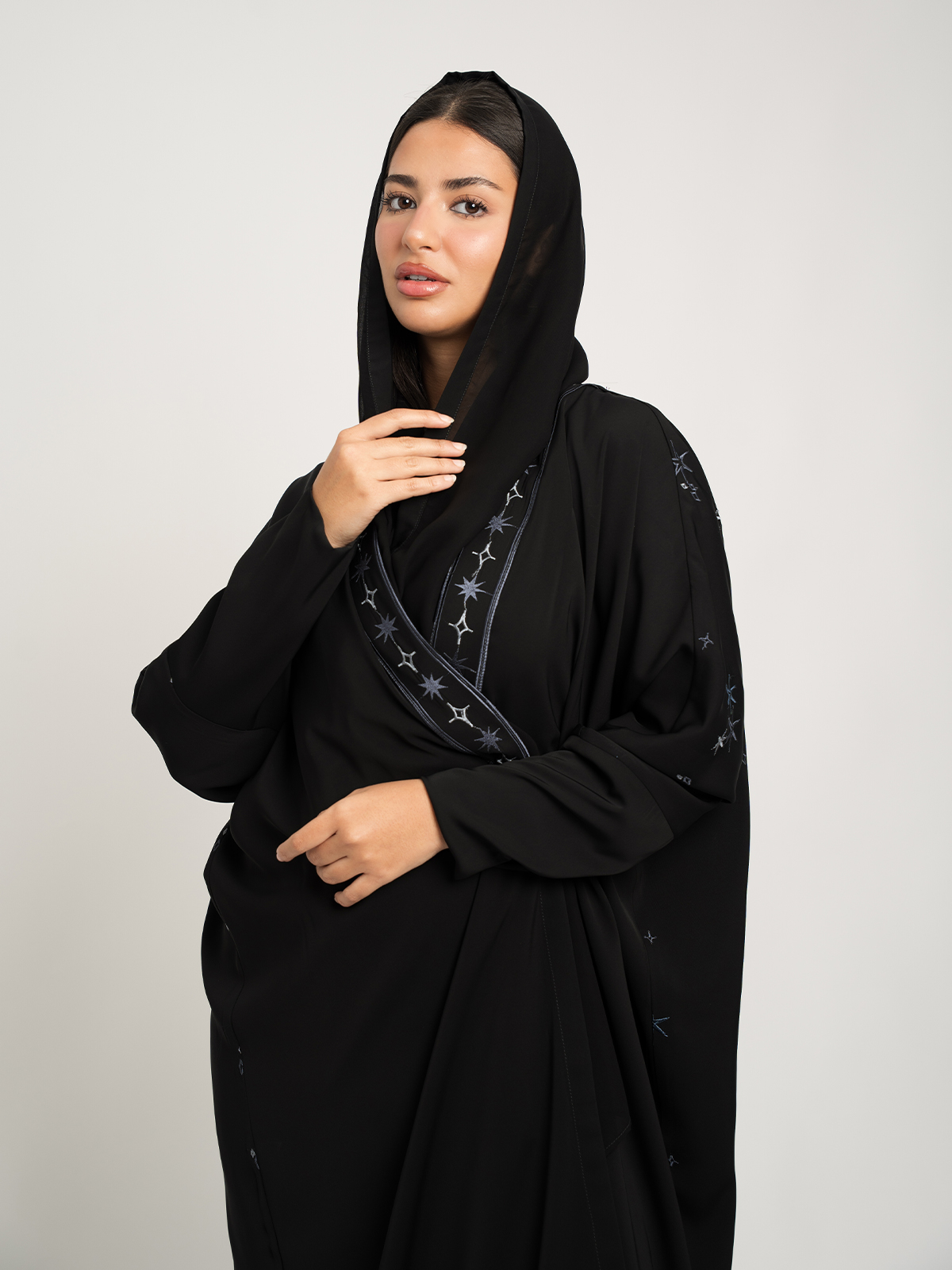 Black embroidered half bisht abaya in high quality crepe fabric by kaafmeem end of the year sale