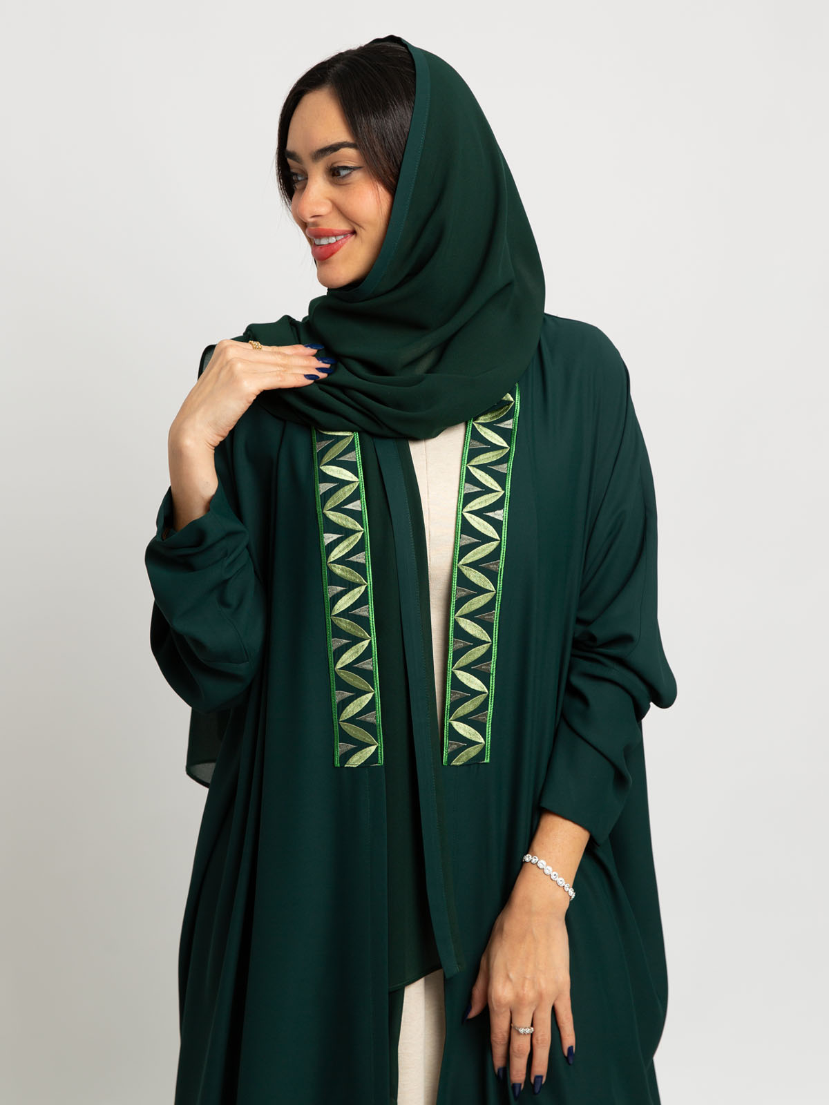 Green with kulfa half bisht wide cut open abaya in high quality light crepe fabric by kaafmeem black friday offers