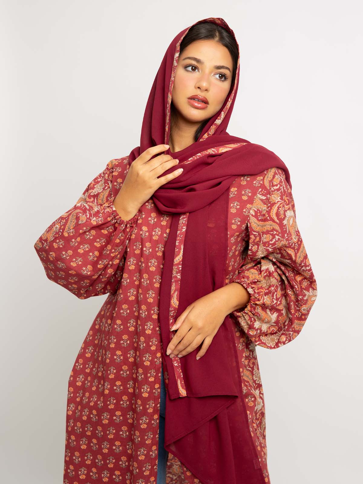 Maroon Paisley Flora A-Cut Abaya