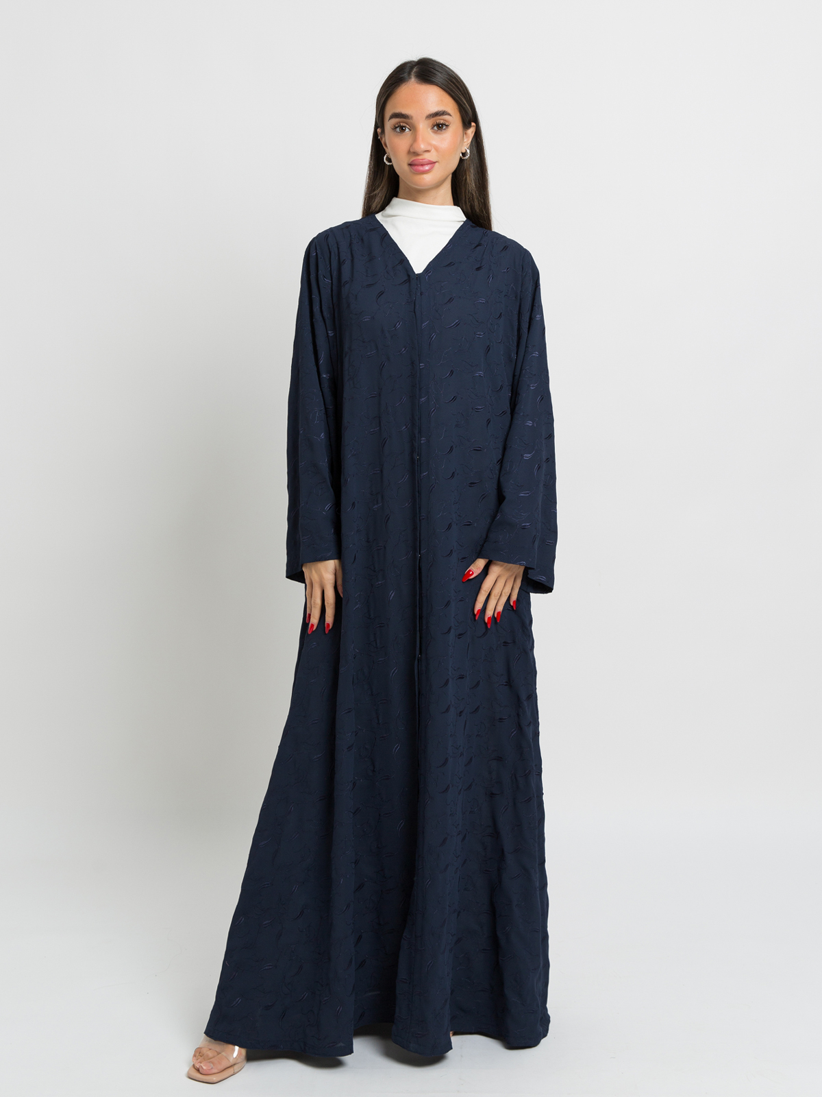 Navy Leaves Galaxy A-Cut Abaya Without Tarha