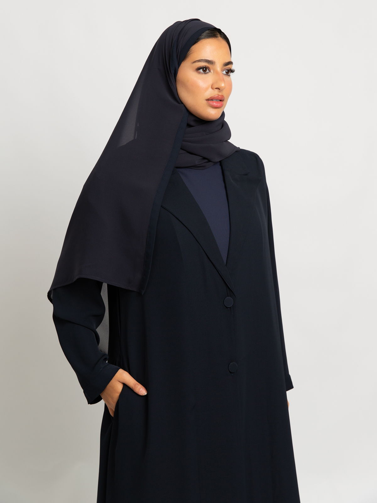 Navy wrap half cloche abaya in light crepe fabric with attached inner dress by kaafmeem summer abaya