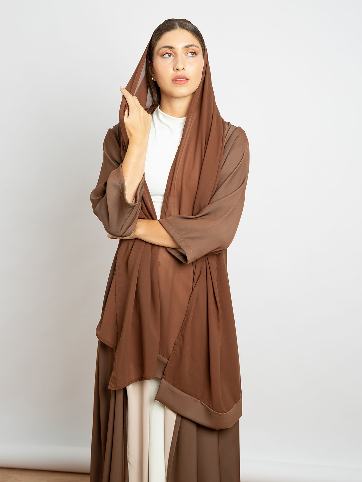 Brown with Beige - Crepe Urban Open Midi Abaya