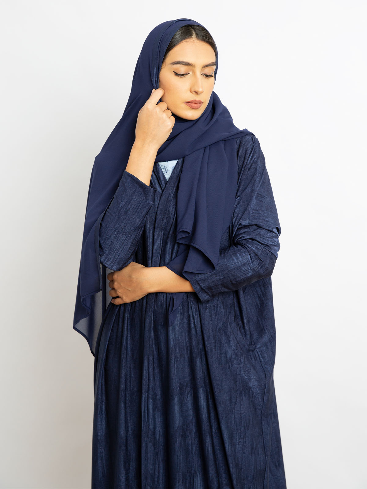 Navy - Stretchy Half Bisht Long Open Abaya 