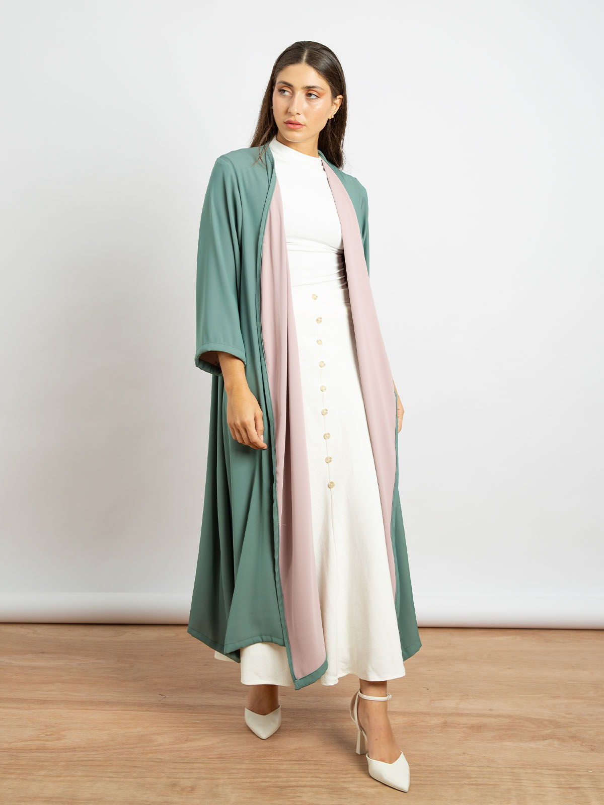 Pistachio with Pink - Crepe Urban Open Midi Abaya